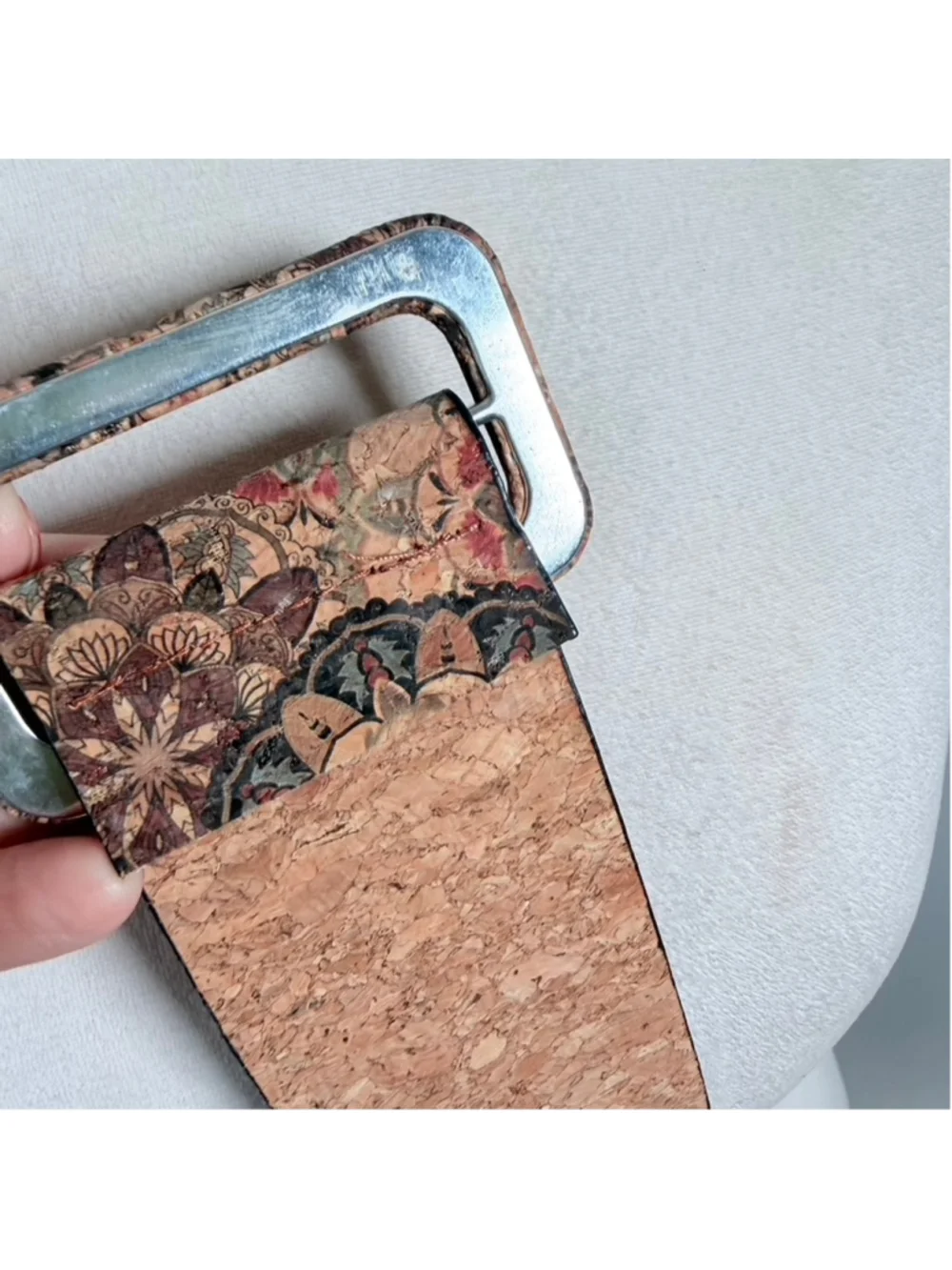 Bohemian Cork Floral Belt Womens Size L/XL Wide Vegan Leather Geo Mandala Print